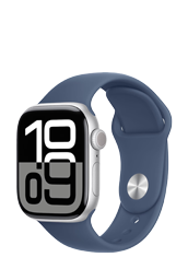 Apple Watch Series 10 GPS + Cellular Silver Aluminium, Denim Sport Band S/M, MWX33QF/A, 42mm