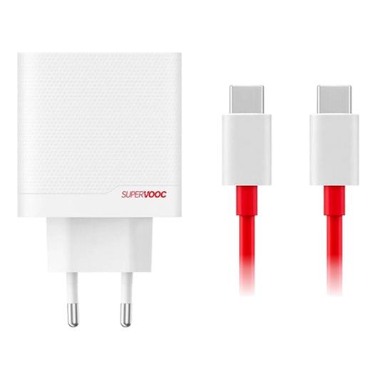 OnePlus 80W Dual Ports SUPERVOOC Adapter Type-C + Type-A with USB-C Cable - White